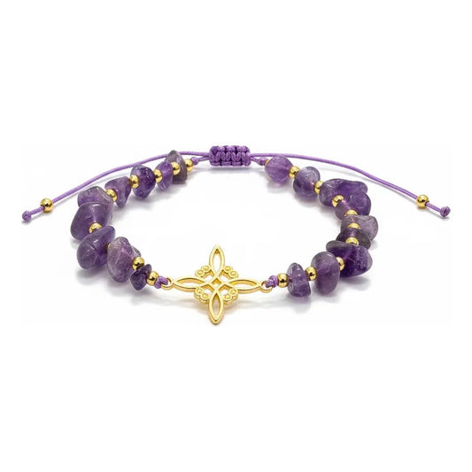 Pulsera De Cuarzo Separaciones De Metal En Hilo Ajustable Nudo Amatista 17 Cm