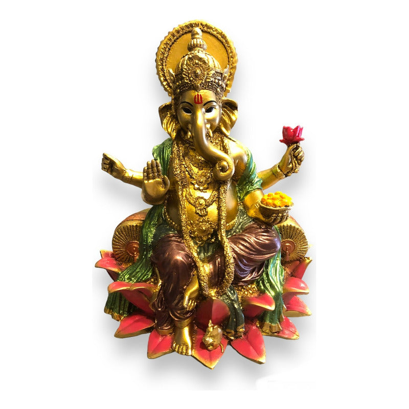 Ganesh Flor De Loto Figura En Resina Nacional 19 Cm Pintado