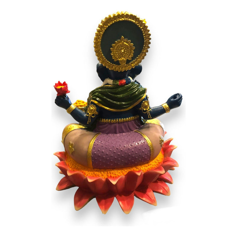 Ganesh Flor De Loto Figura En Resina Nacional 19 Cm Pintado