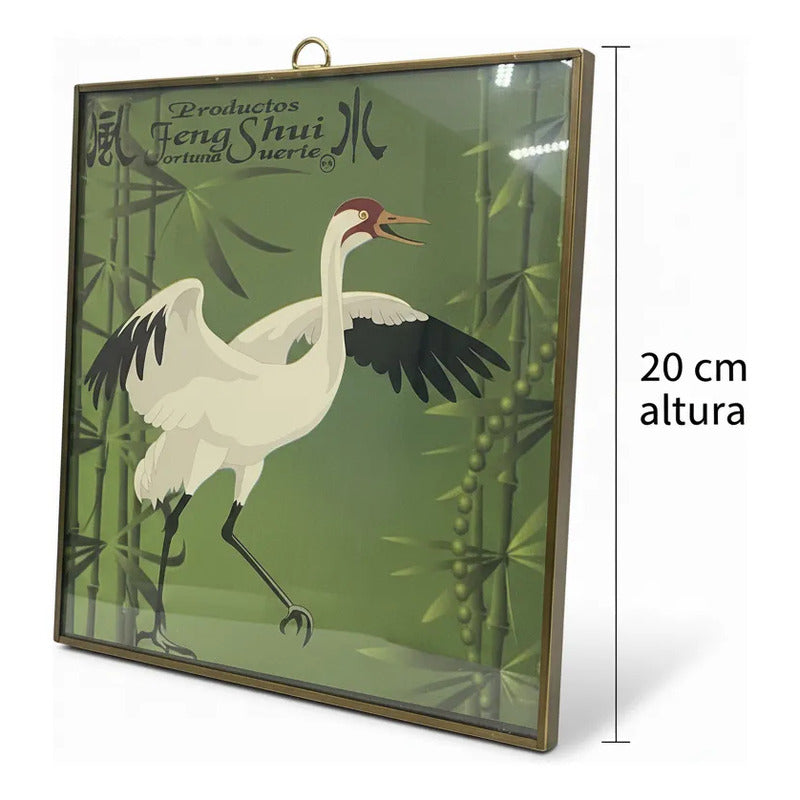Cuadro Decorativo Feng Shui Grulla Bambú Suerte 20x20cm Dorado/verde by HEREJE