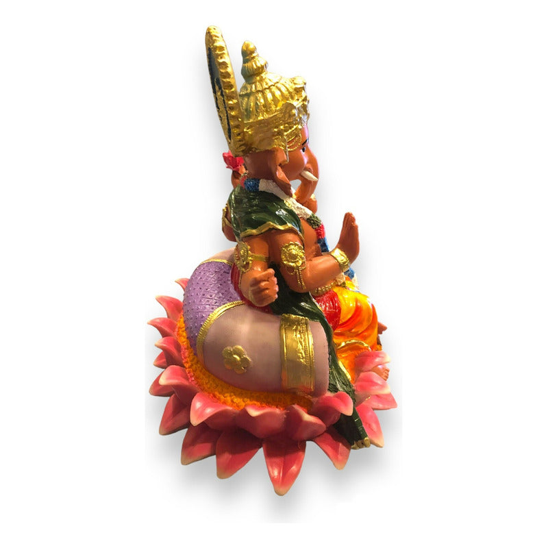 Ganesh Flor De Loto Figura En Resina Nacional 19 Cm Pintado
