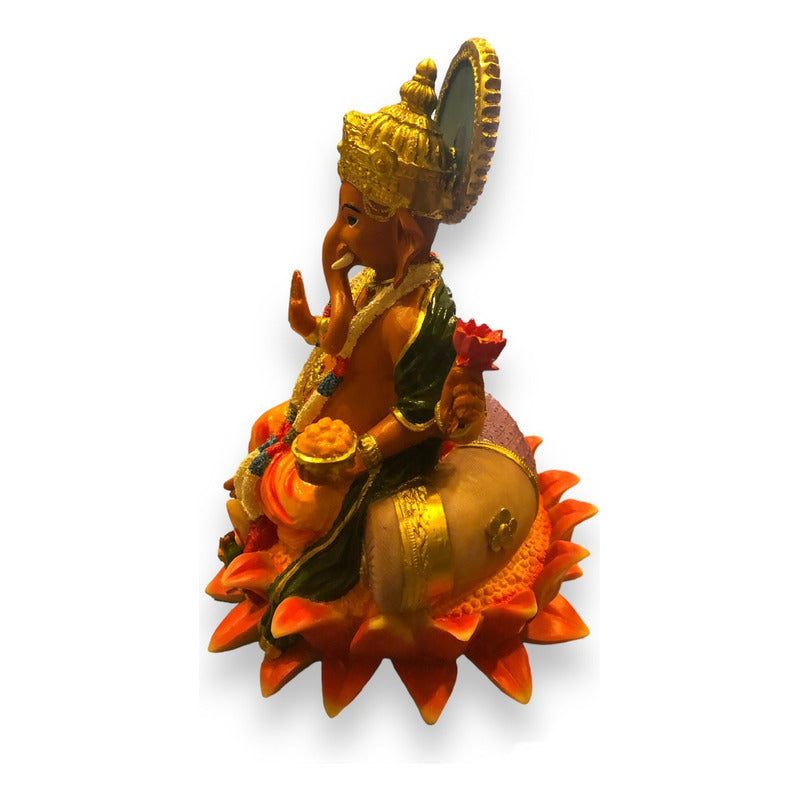 Ganesh Flor De Loto Figura En Resina Nacional 19 Cm Pintado