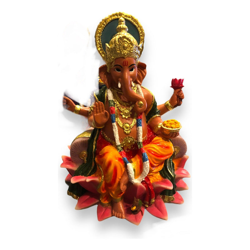 Ganesh Flor De Loto Figura En Resina Nacional 19 Cm Pintado