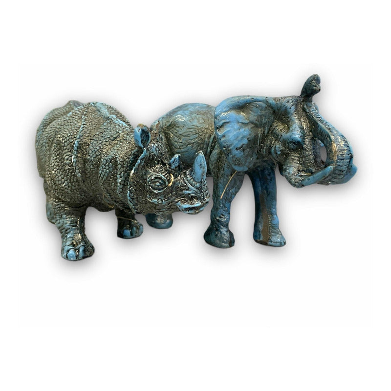 Figura Elefante Y Rinoceronte Azul Feng Shui 8.6cm Y 7.5cm