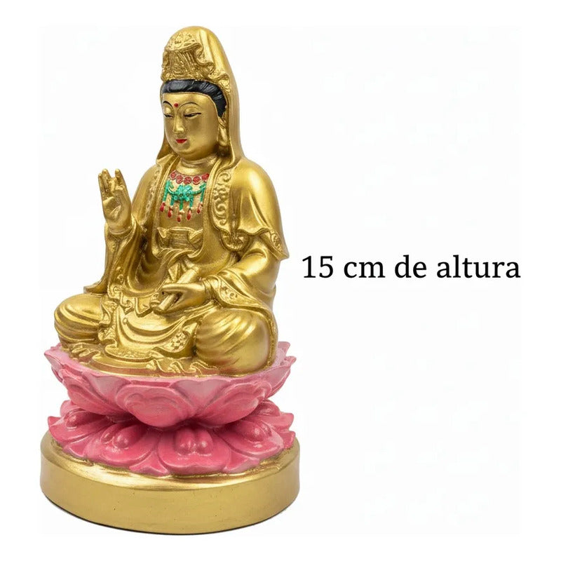 Figura Estatua Guan Yin Diosa Misericordia Loto Resina 15cm Dorado by HEREJE