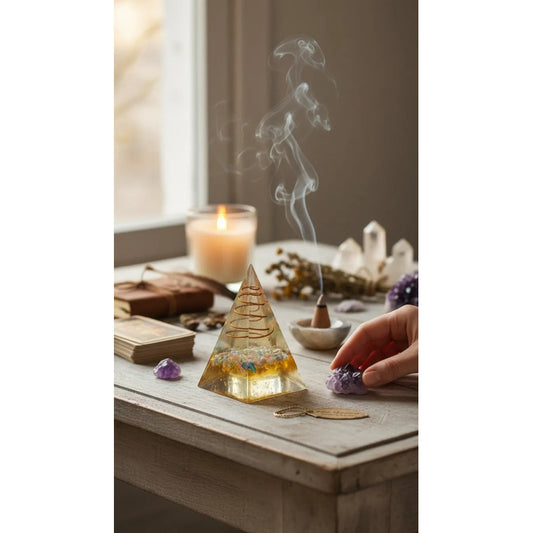 Pirámide De Orgonita 7cm Con Cuarzo Rosa Y Cobre Amatillo