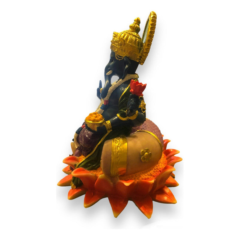 Ganesh Flor De Loto Figura En Resina Nacional 19 Cm Pintado