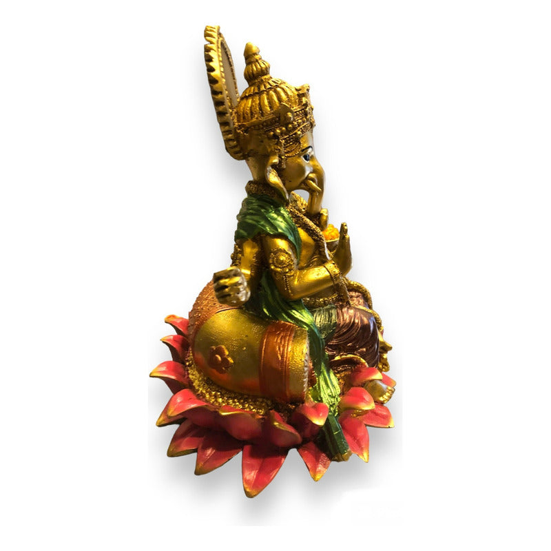 Ganesh Flor De Loto Figura En Resina Nacional 19 Cm Pintado