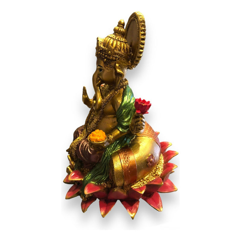 Ganesh Flor De Loto Figura En Resina Nacional 19 Cm Pintado
