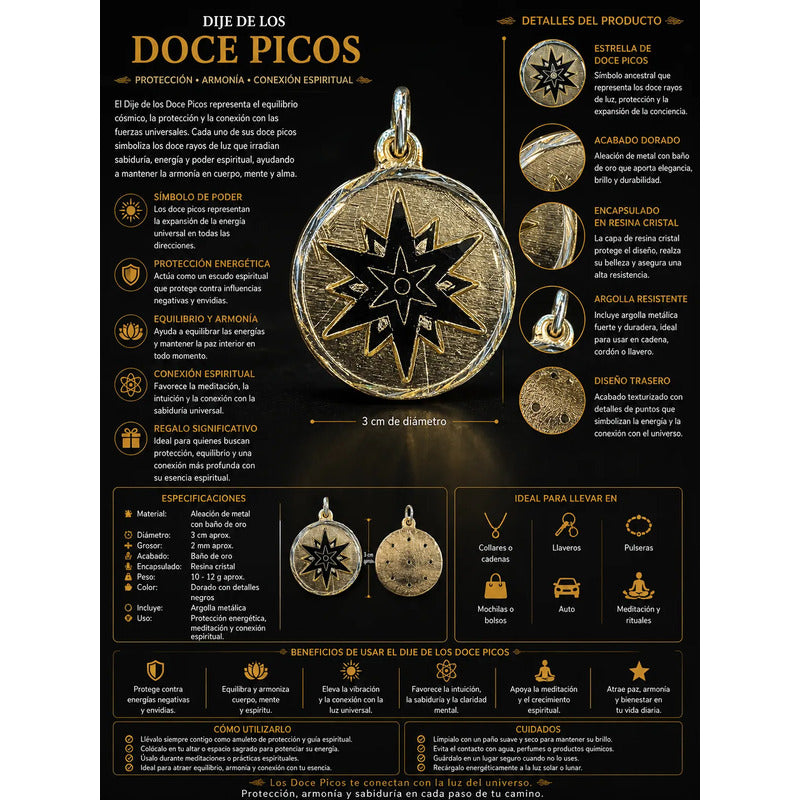 Dije Medalla Estrella 12 Puntas Amuleto Oro 12 Picos 30mm Blanco by HEREJE