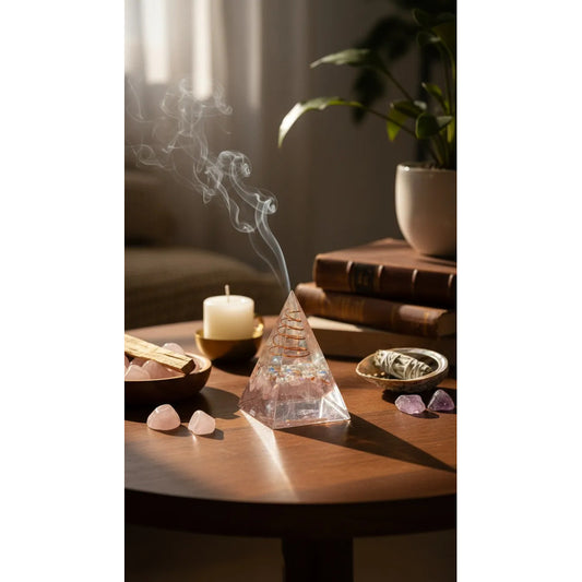 Pirámide de Orgonita con Cuarzo Rosa – Amor, Protección y Armonía
