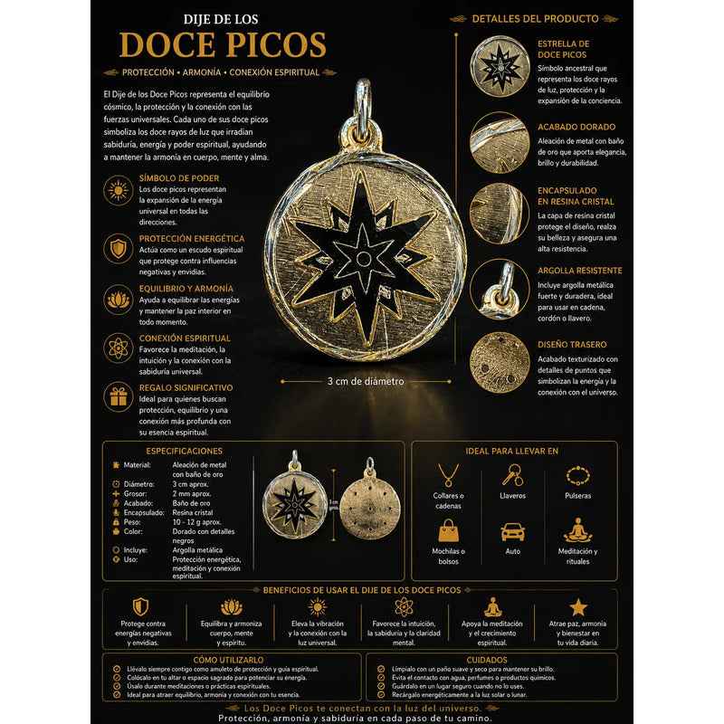 Dije Medalla Estrella 12 Puntas Amuleto Oro 12 Picos 30mm Negro