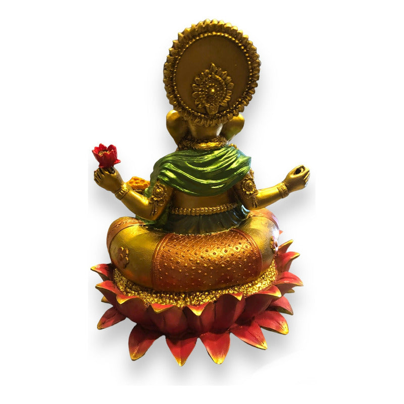 Ganesh Flor De Loto Figura En Resina Nacional 19 Cm Pintado
