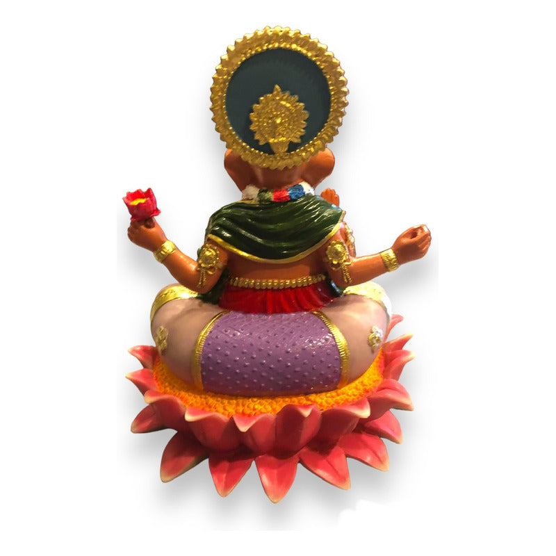Ganesh Flor De Loto Figura En Resina Nacional 19 Cm Pintado