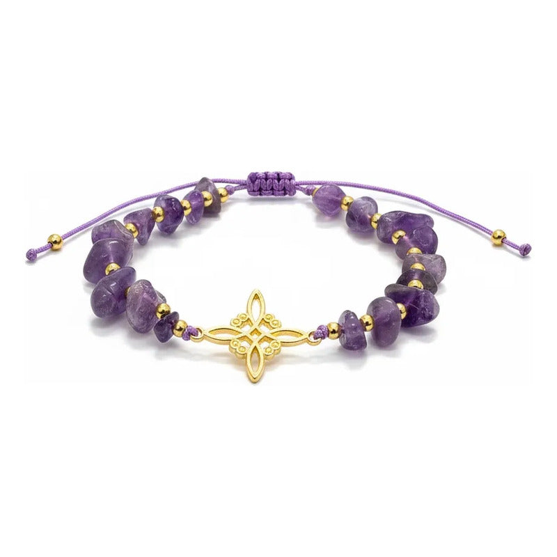 Pulsera De Cuarzo Separaciones De Metal En Hilo Ajustable Nudo Amatista 17 Cm