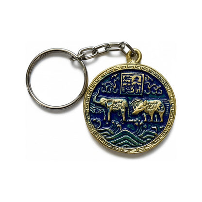 Llavero Feng Shui Elefante Y Rinoceronte Metal Hereje Azul