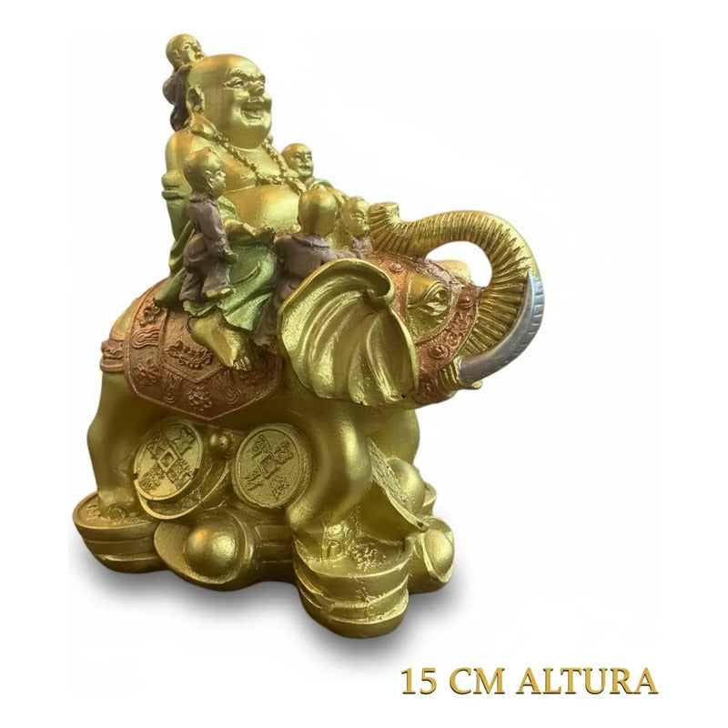 Buda Sonriente Con Elefante Y Monedas 15 Cm Dorado by HEREJE