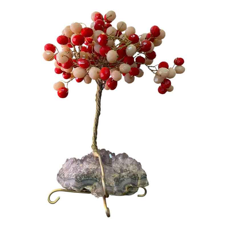 Arbol De La Vida En Cristal Con Base De Cuarzo, 14 Cm Altura Rojo/blanco