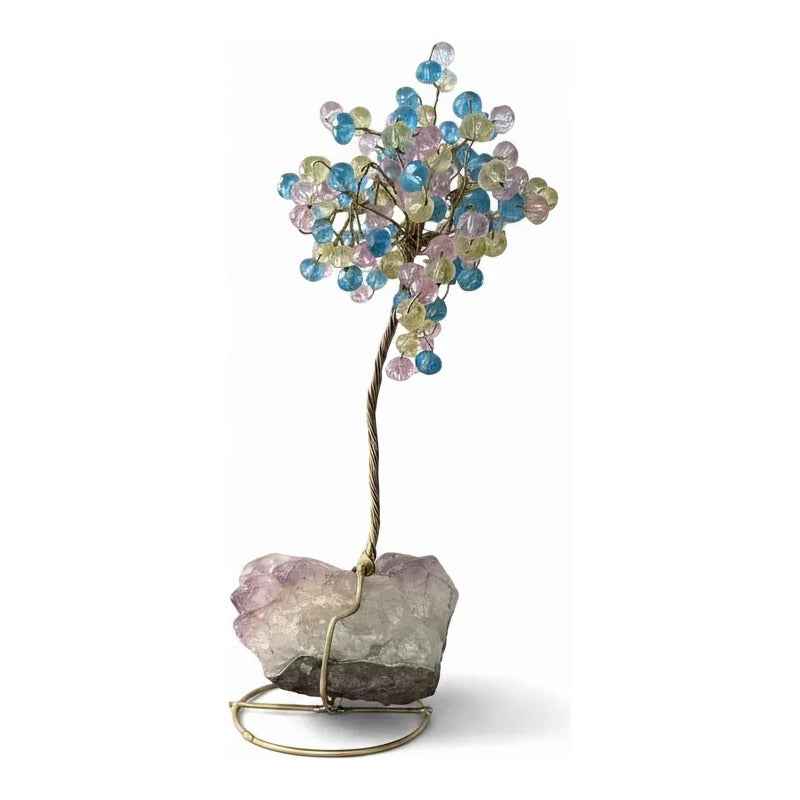 Arbol De La Vida En Cristal Con Base De Cuarzo, 14 Cm Altura Azul-amarillo-rosa