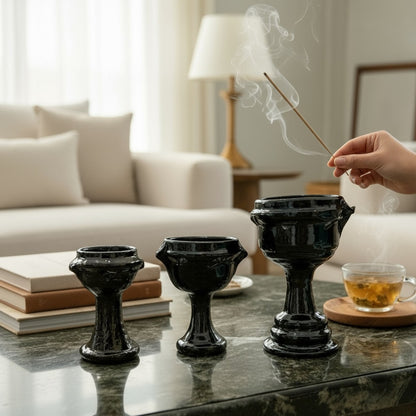 Sahumerio Copalera Porta Incienso Barro Vidriado 14x9x10 Cm Negro Lisa