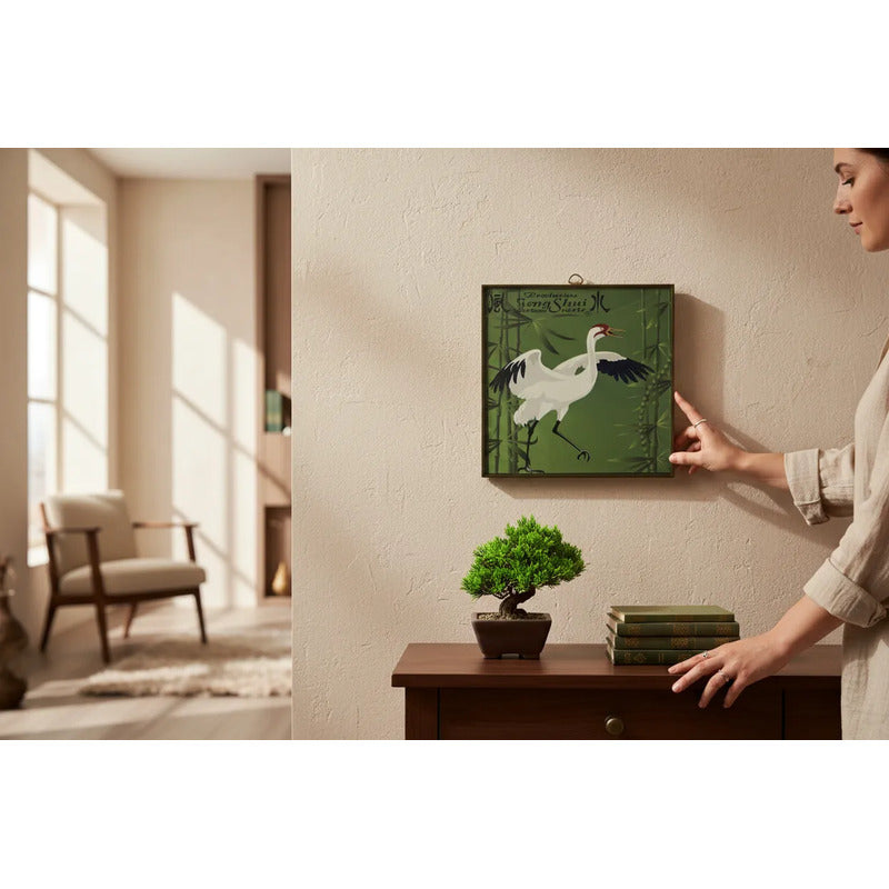 Cuadro Decorativo Feng Shui Grulla Bambú Suerte 20x20cm Dorado/verde by HEREJE