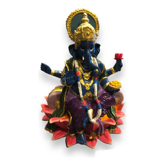 Ganesh Flor De Loto Figura En Resina Nacional 19 Cm Pintado