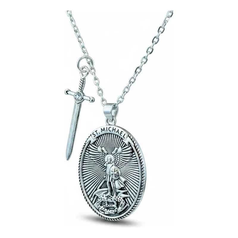 Collar Con Dije Medalla San Miguel Arcángel Acero Inoxidable Plateado