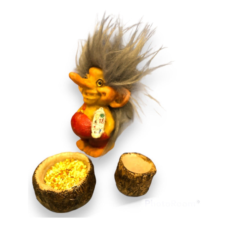 Troll Talisman + Comedero + Semillas + Tarjeta 9cm Alto