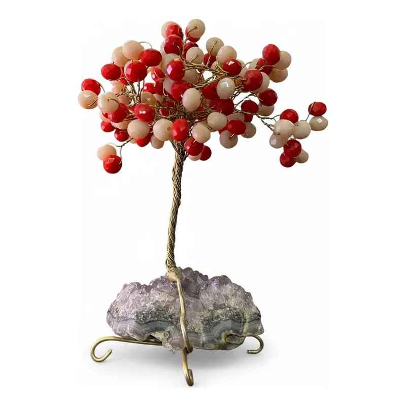 Arbol De La Vida En Cristal Con Base De Cuarzo, 14 Cm Altura Rojo/blanco