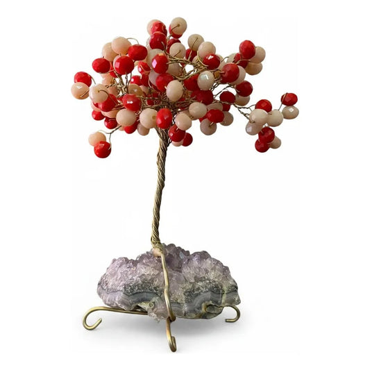 Arbol De La Vida En Cristal Con Base De Cuarzo, 14 Cm Altura Rojo/blanco