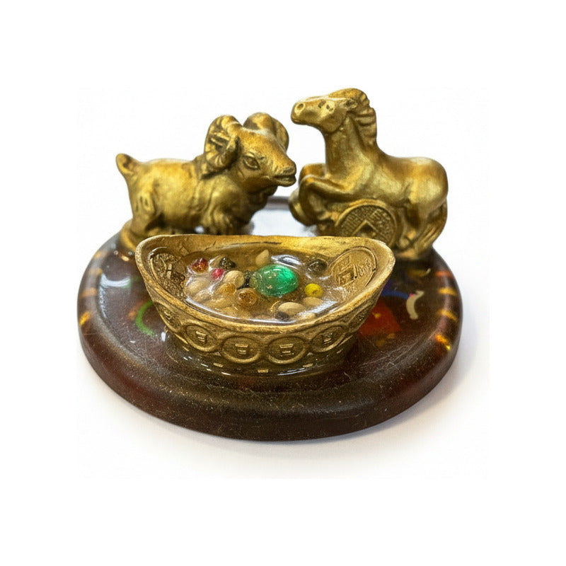 Caballo Con Cabra En Base Redonda 3x6 Cm Amuleto Año Chino. Base Translucida