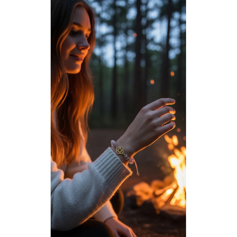 Pulsera De Cuarzo Separaciones De Metal En Hilo Ajustable Circulo Cuarzo Rosa 17 Cm