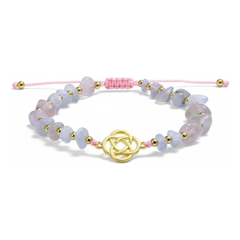 Pulsera De Cuarzo Separaciones De Metal En Hilo Ajustable Circulo Cuarzo Rosa 17 Cm