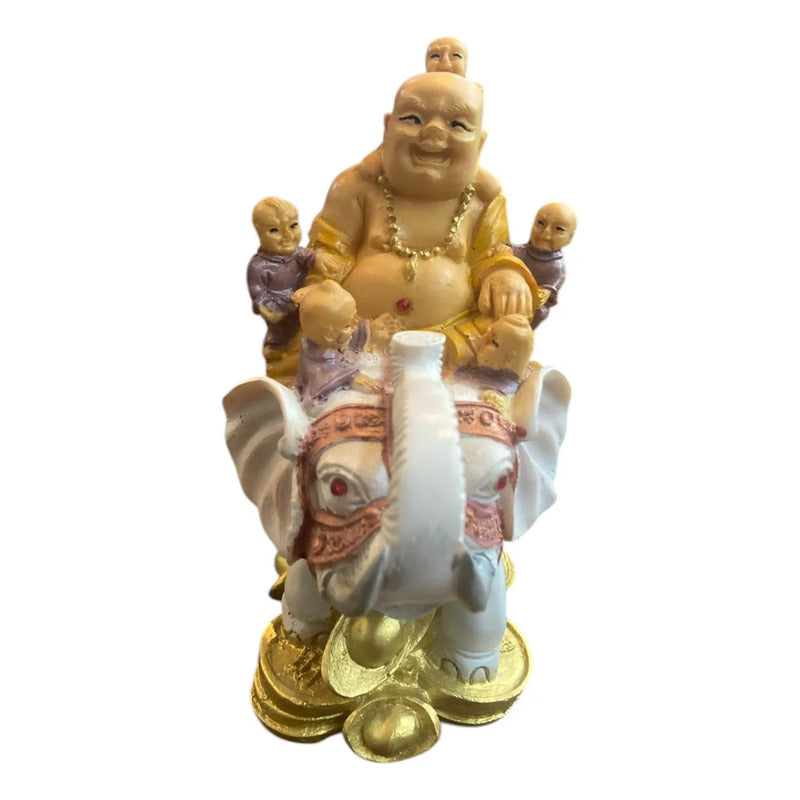 Buda Sonriente Con Elefante Y Monedas 15 Cm Blanco by HEREJE