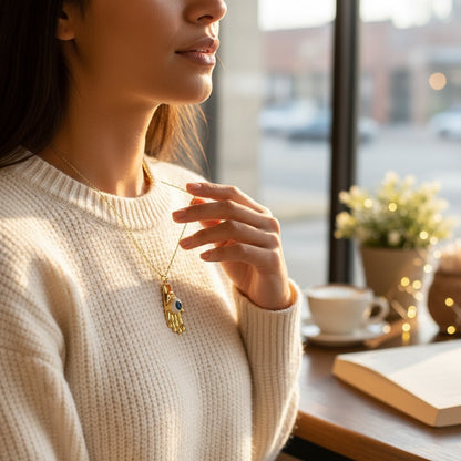Mano Con Ojo Dije Con Cadena En Metal Dorado
