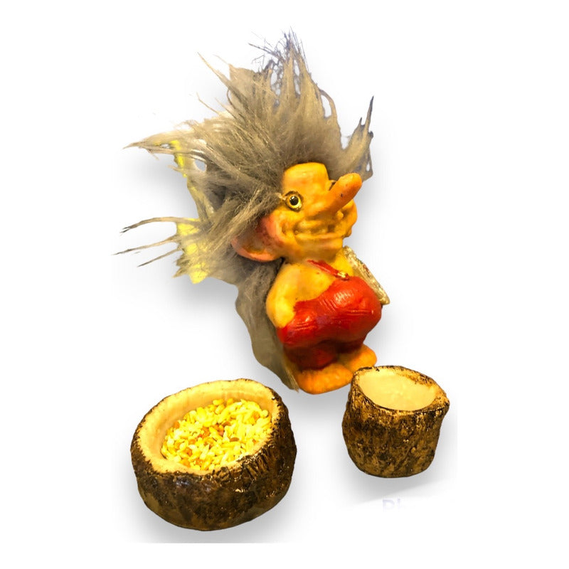 Troll Talisman + Comedero + Semillas + Tarjeta 9cm Alto