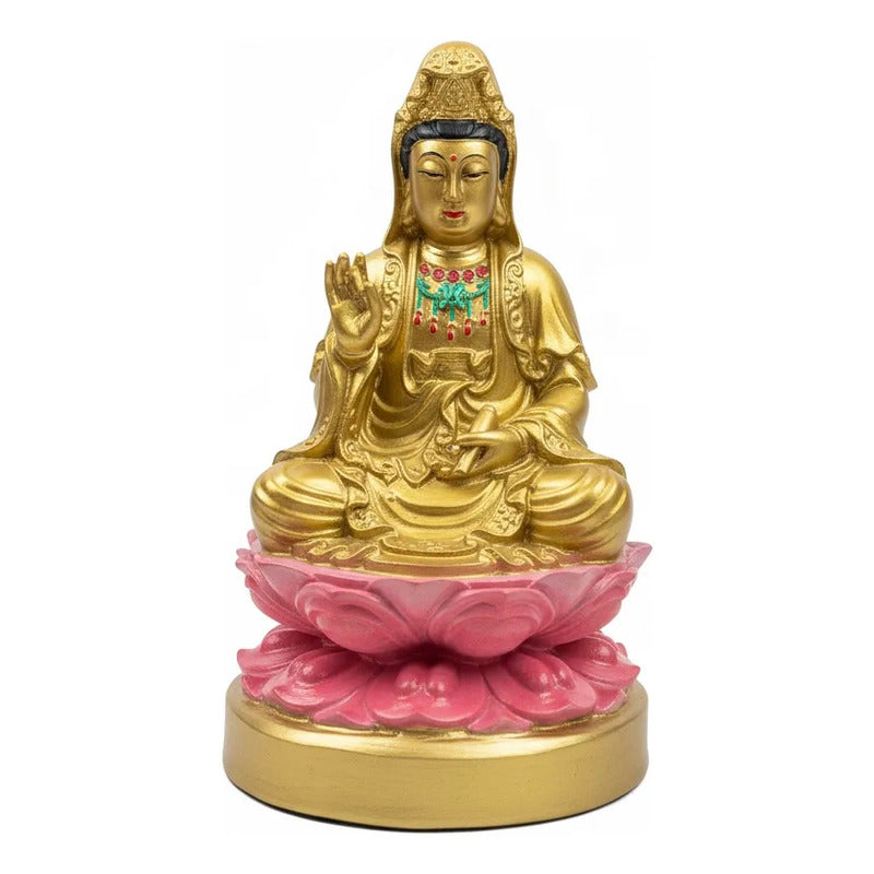 Figura Estatua Guan Yin Diosa Misericordia Loto Resina 15cm Dorado by HEREJE