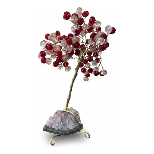 Arbol De La Vida En Cristal Con Base De Cuarzo, 14 Cm Altura Transparente/rojo