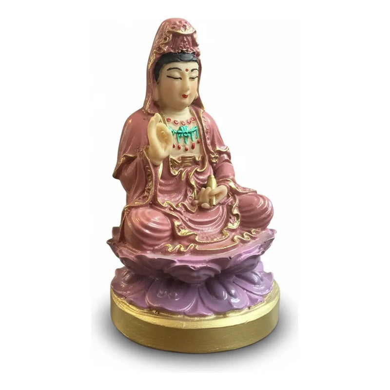 Figura Estatua Guan Yin Diosa Misericordia Loto Resina 15cm Rosa Pálido by HEREJE