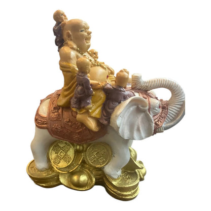 Buda Sonriente Con Elefante Y Monedas 15 Cm Blanco by HEREJE
