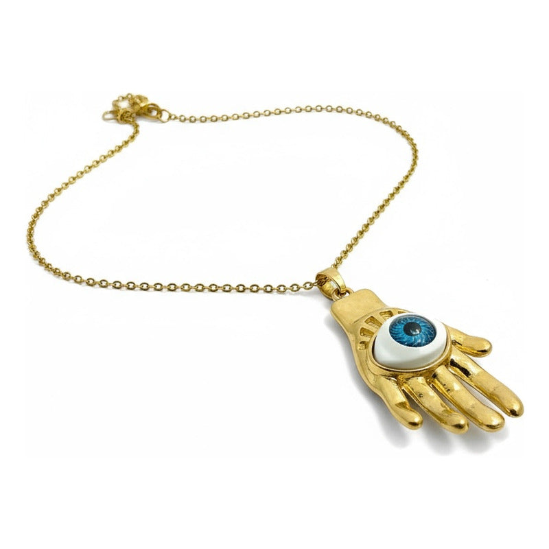 Mano Con Ojo Dije Con Cadena En Metal Dorado