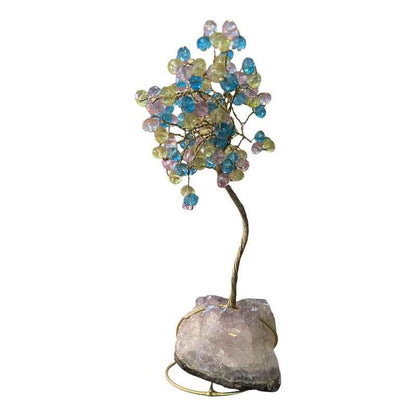Arbol De La Vida En Cristal Con Base De Cuarzo, 14 Cm Altura Azul-amarillo-rosa
