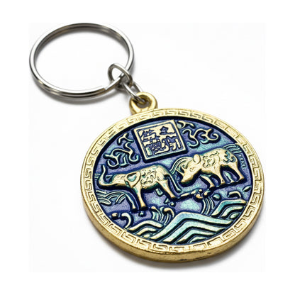 Llavero Feng Shui Elefante Y Rinoceronte Metal Hereje Azul