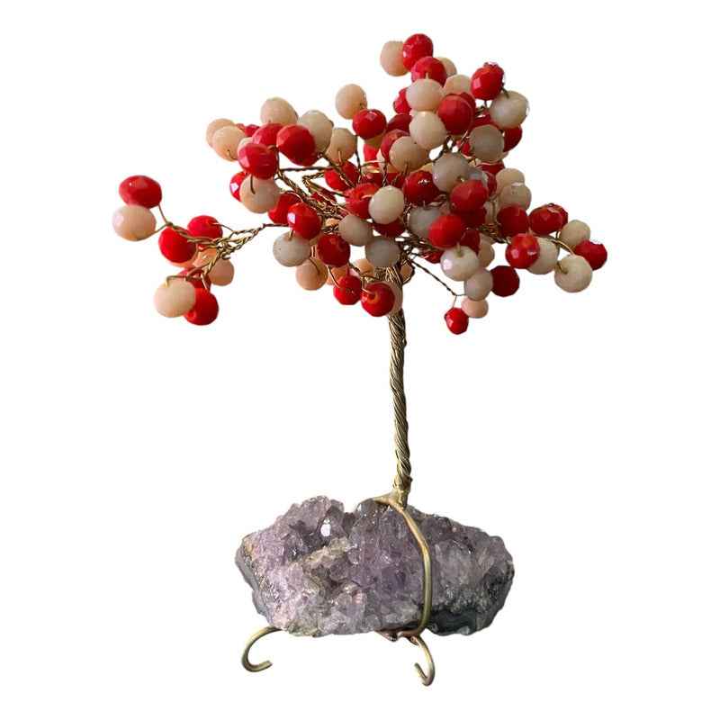 Arbol De La Vida En Cristal Con Base De Cuarzo, 14 Cm Altura Rojo/blanco