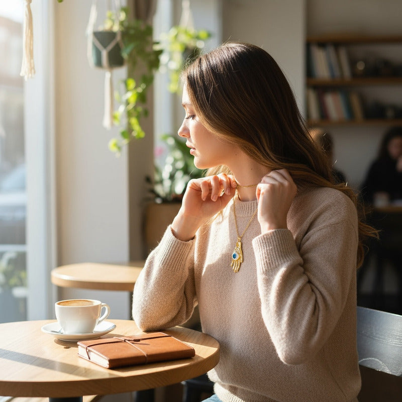 Mano Con Ojo Dije Con Cadena En Metal Dorado