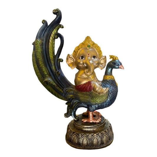 Ganesh Pavo Real Figura Resina  Prosperidad 24cm 3 Colores