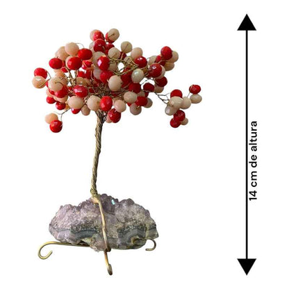 Arbol De La Vida En Cristal Con Base De Cuarzo, 14 Cm Altura Rojo/blanco