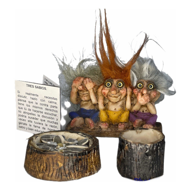 Troll 3 Sabios 6cm + Comedero + Semillas + Tarjetita