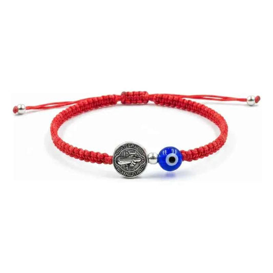 Pulseras De Hilo Tejido Artesanal. San Benito Ojo Azul Hilo Rojo 18 Cm 25 Cm