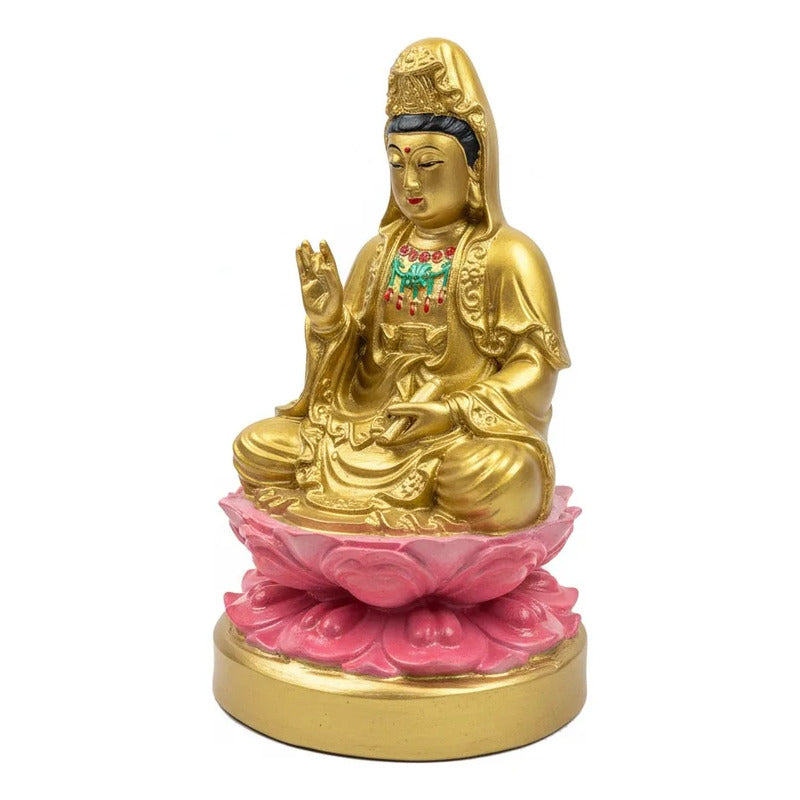 Figura Estatua Guan Yin Diosa Misericordia Loto Resina 15cm Dorado by HEREJE